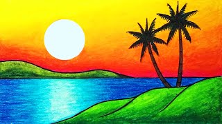 How To Draw Beautiful Sunset  Easy Sunset Scenery Drawing [upl. by Netsrijk565]