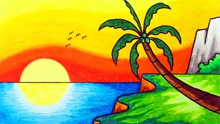 Scenery Drawing  How to Draw Beautiful Sunset Over the Sea [upl. by Eirek982]