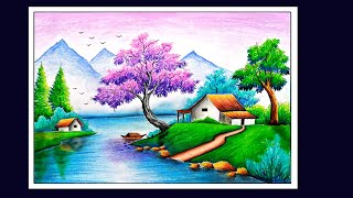 Oilpastel Scenery Drawing  Beautiful Scenery Drawing  Violet Tree Scenery Drawing [upl. by Ynnaf527]