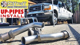 2001 F350 73  RiffRaff UpPipes Install  Stock up pipes leaking and falling apart JUNK SP [upl. by Fidelas]