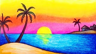 How to Draw Simple Scenery for Beginners  Drawing Sunset Scenery [upl. by Alvera67]