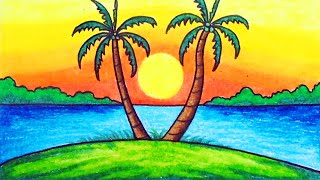 Scenery Drawing  Drawing Sunset Scenery Step by Step with Oil Pastels [upl. by Rennoc]